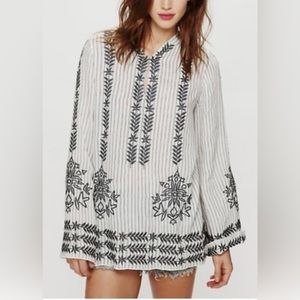 Rare Free People Striped Embroidered Ivory & Blue/Gray Tunic/Beach Coverup